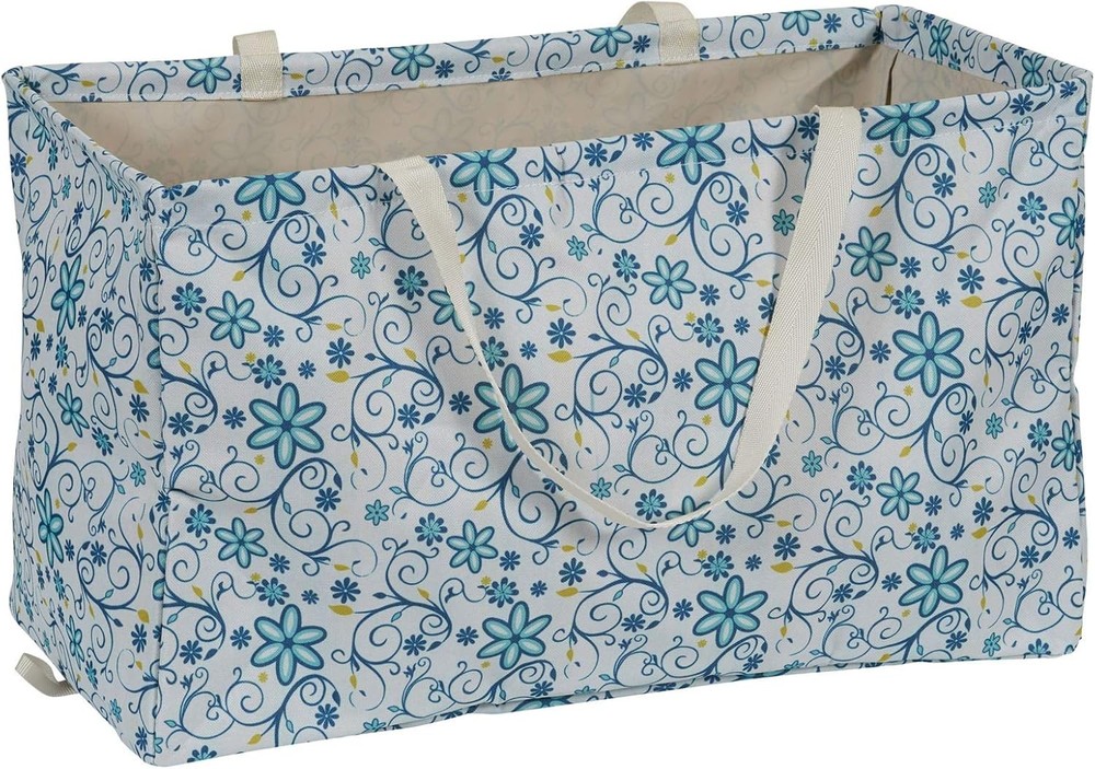 Multi-purpose grocery tote bag with blue floral pattern