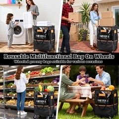 Reusable Grocery Bag on Wheels, 130L Large-Capacity Zippered Roller Tote