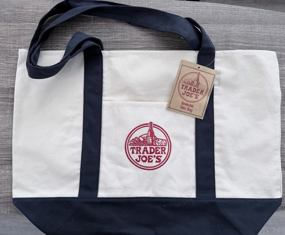 Trader Joe’s Foldable Canvas Reusable Shopping Bag Beige Navy Blue Solid