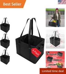 4pk Heavy Duty Reusable Grocery Bags – 60lbs Capacity, Stands Open for Easy Load
