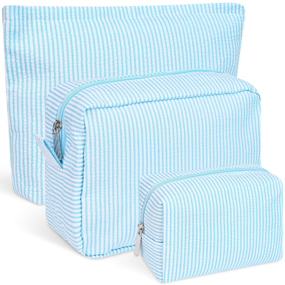 Puchifoda 3 Piece Makeup Bag Set,Seersucker Cosmetic Bags,Striped Make Blue