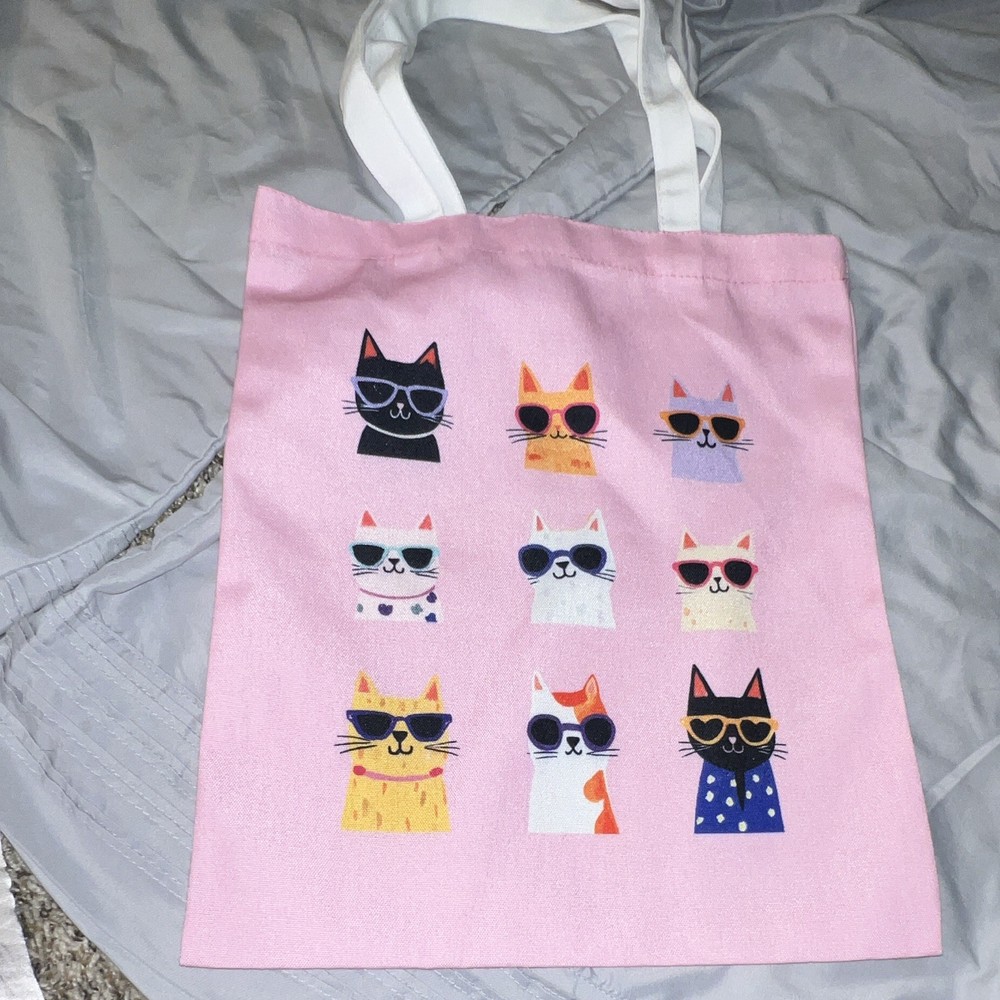 Reusable Tote Bag Pink Multicolor Cat Faces Wearing Sunglasses Print