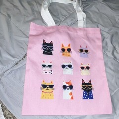 Reusable Tote Bag Pink Multicolor Cat Faces Wearing Sunglasses Print