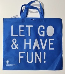 10 Reusable SHOPPING Tote Bags BLUE Handles “LET GO AND HAVE FUN” 18×16” 5below