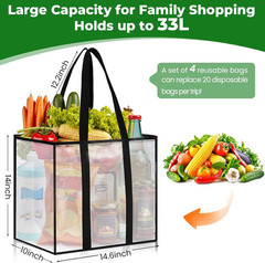 4 Pack Reusable Grocery Bags, Heavy-Duty Shopping Bags with Sturdy Handles, Wate