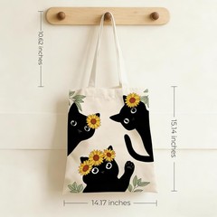 Black Cat Canvas Tote Bags Sunflower Print Reusable Shopping Bag for Women wi…