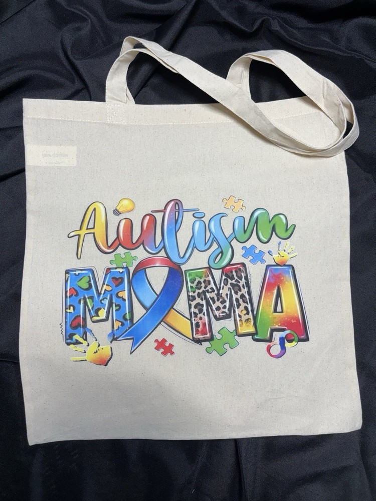 Canvas Foldable Tote Bag, Autism Mama Puzzle Pattern, Beige Multicolor