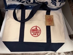 Trader Joe’s Large Tote Beige Navy Blue – Cotton Blend **AUTHENTIC**