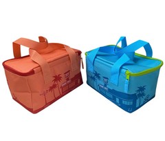 Trader Joes Set 2 Mini Insulated Bag Peach Blue Tote Bundle Picnic Travel Cooler