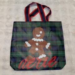 Aerie Reusable Gift Shopping Bag Holiday Gingerbread Man Blue Tartan Plaid 18×20