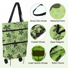 Folding Shopping Bag with Wheels 66lb Reusable Collapsible Grocery Cart, Green