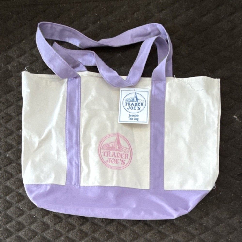 Trader Joe’s Foldable Canvas Reusable Tote Bag Beige Purple Solid