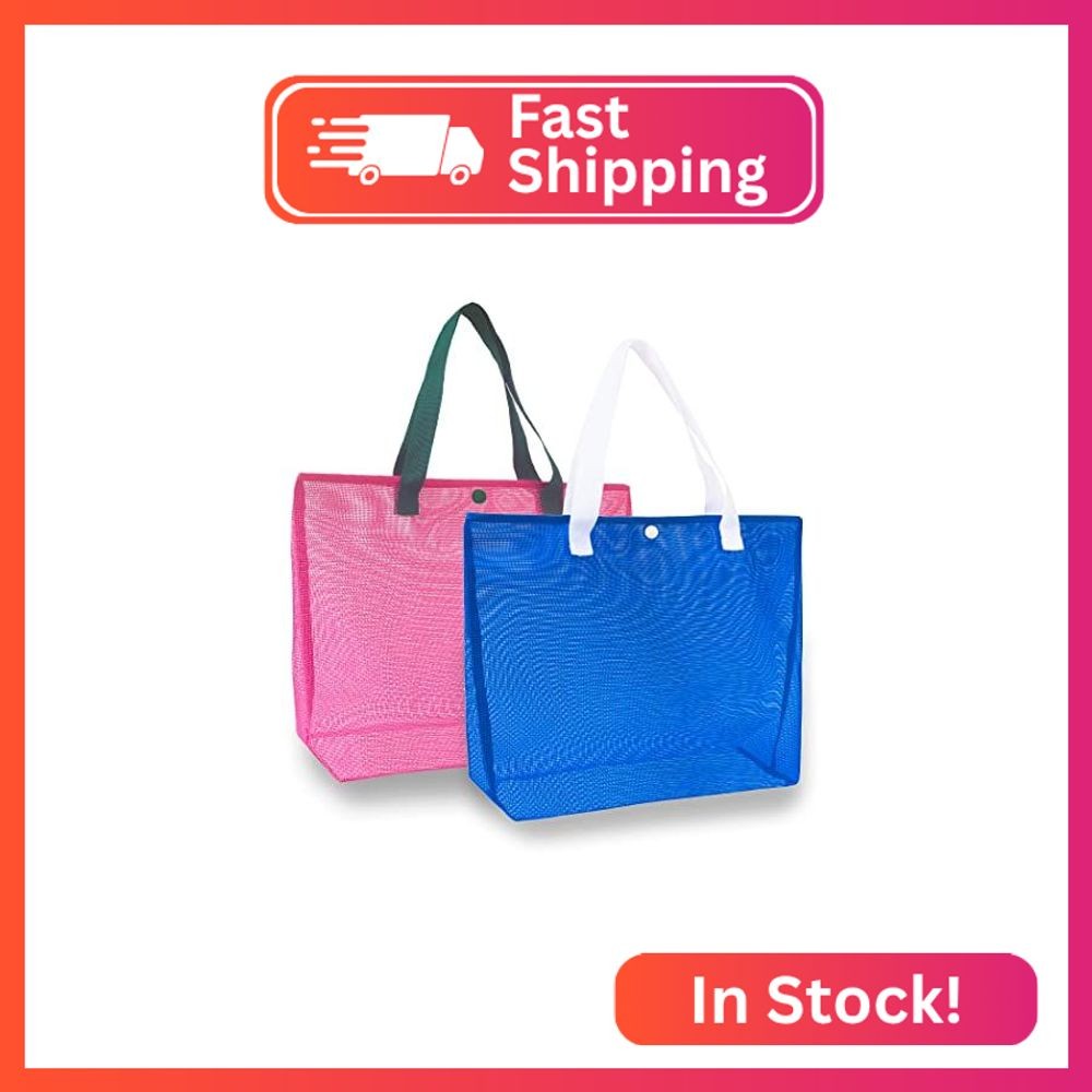 hsmyank 2Pack Large lightweight Simple Mesh Beach Tote Bag With snap Button Reus