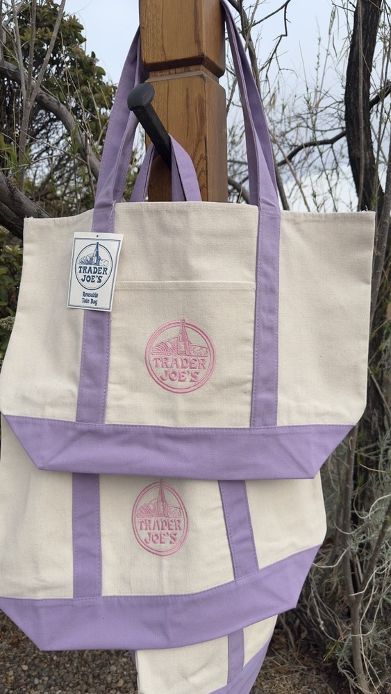 Trader Joe’s Reusable Tote Bag Cotton Beige & Purple Foldable