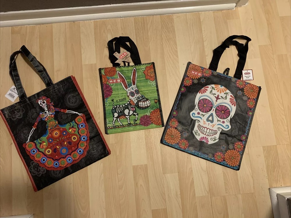 New Day Of The Dead Lot Of Three Reusable Grocery Shopping Bags Halloween