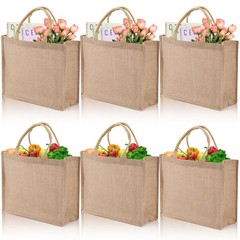 6 Pack Large Jute Burlap Tote Bag, Jute Beach Bag with Laminated Interior, Bu…