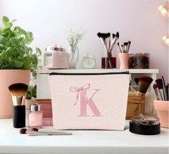 Dejfel Initial Coquette Pink Bow Makeup Bag,initial K Personalized Teen pinkK