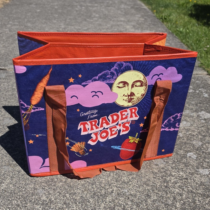 Trader Joe’s Reusable Tote Bag All-Over Print Blue Orange Purple 15x11x9