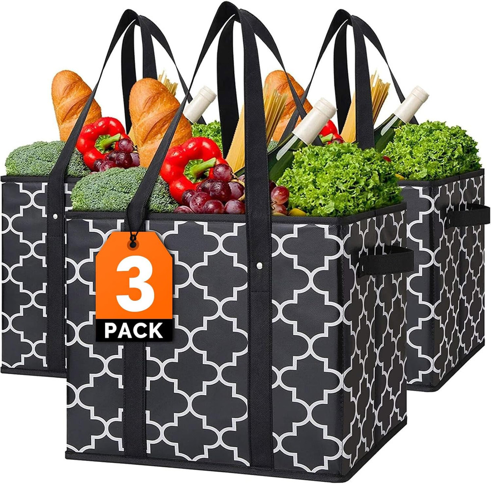 WISELIFE Reusable Grocery Bags 3-Pack Foldable Washable Large Storage Bins Baske
