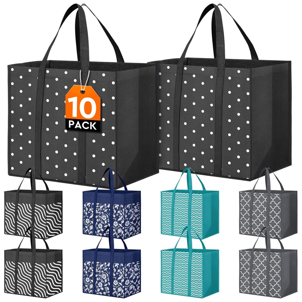 10 Pack Reusable Grocery Tote Bags 35L Waterproof Heavy Duty Shopping Bags