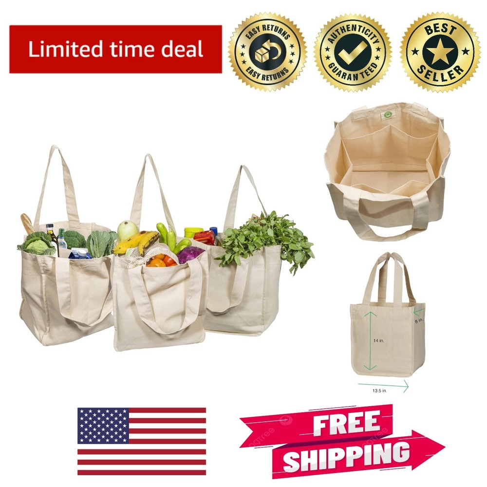 Eco-Friendly Organic Cotton Grocery Bags – 3 Washable Tote Bags with Sleeves