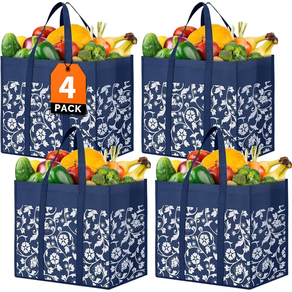 4-Pack Blue Reusable Grocery Bags Foldable Tote Bags with Reinforced Handles