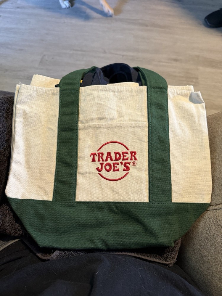 Trader Joe’s Reusable Canvas Tote Shopping Bag Beige Green Red Logo Natural