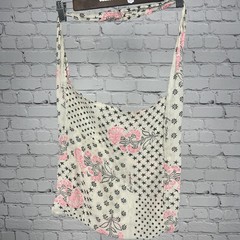 Free People Floral Boho Reusable Shopping Crossbody Tote Bag Muslin Beige Pink S