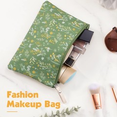 Pengxiaomei 2 Pcs Green Floral Makeup Bags, Small Zipper Cosmetic Bag