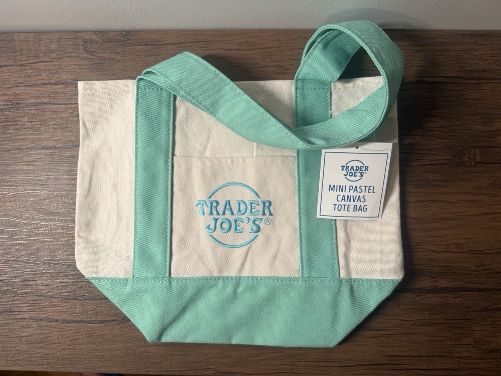 Trader Joe’s Mini Pastel Canvas Tote Bag Green handles Cotton-Poly 13.5x6x10.5