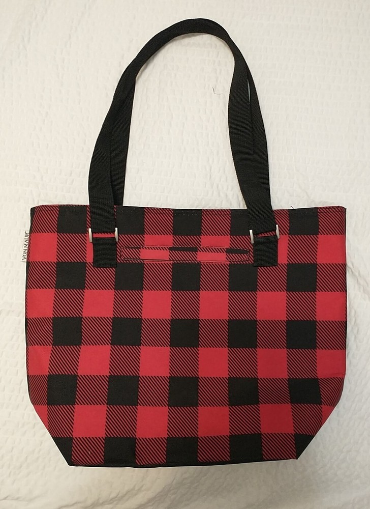 Von Maur Insulated Red/Black Plaid Tote Bag With Black Straps And Front Pocket
