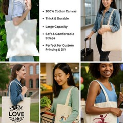 Canvas Tote Bag 15×16, Bulk Reusable Cotton for Grocery DIY Crafts 2 6 12 Pack