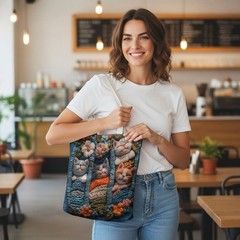Cute Cat & Floral Pattern Tote Bag 14x16in – Eco-Friendly Reusable Bag