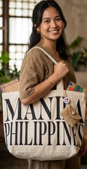 Beige Canvas Large Reusable Tote Bag 20×20 in Text Print “Manila Philippines”