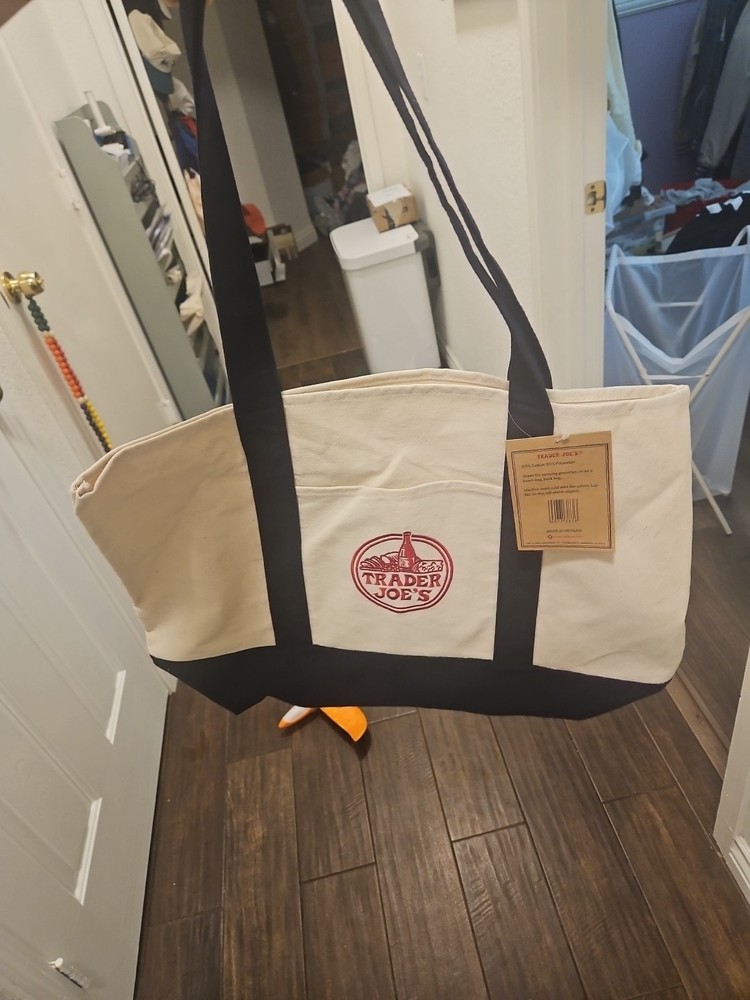 Authentic Trader Joe’s Reusable Canvas Eco Tote Bag Heavy Duty Bag Blue White