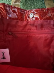 Harrods Red Foldable Reusable Shopping Bag Plastic Gold Handles Zippered Pocket