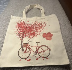 NEW Reusable Canvas Tote, Shopping Bag, Beige, Hearts, Bicycle Valentine’s