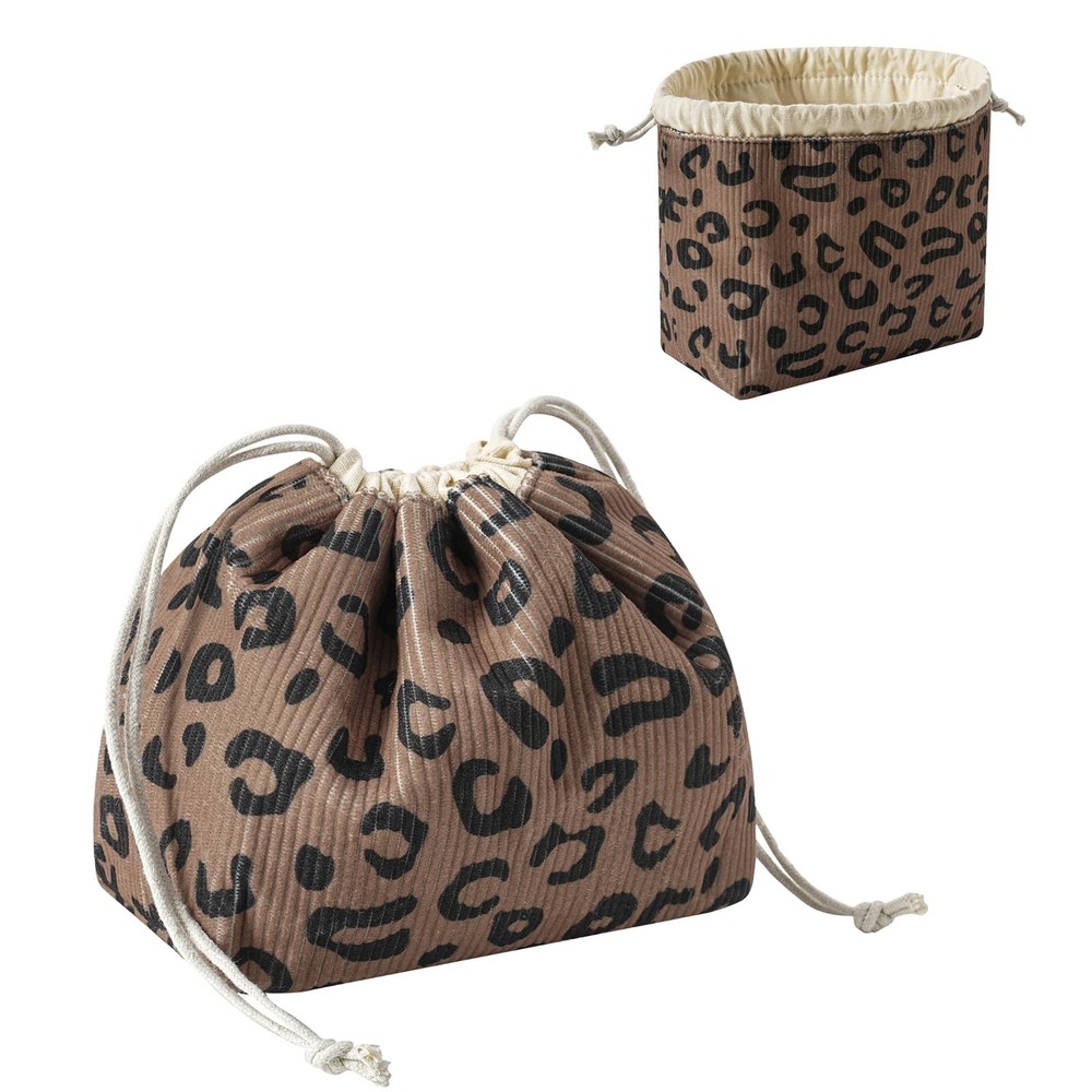 RSRSLEII Aesthetic Corduroy Drawstring Makeup Bag, Cute 10Brown Leopard Print