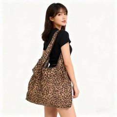Leopard Print Foldable Tote Bag Lightweight Polyester Leak-Proof Reusable