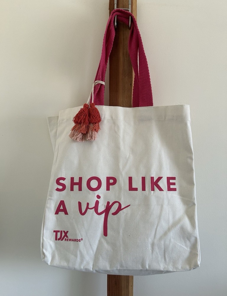 TJX Rewards Reusable Shopping Tote Bag White/Pink Text Pattern 15x15x6 in