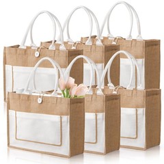 6 Pack Large Burlap Tote Bags 16.5x13x7 Inch Beach Grocery Bridesmaid