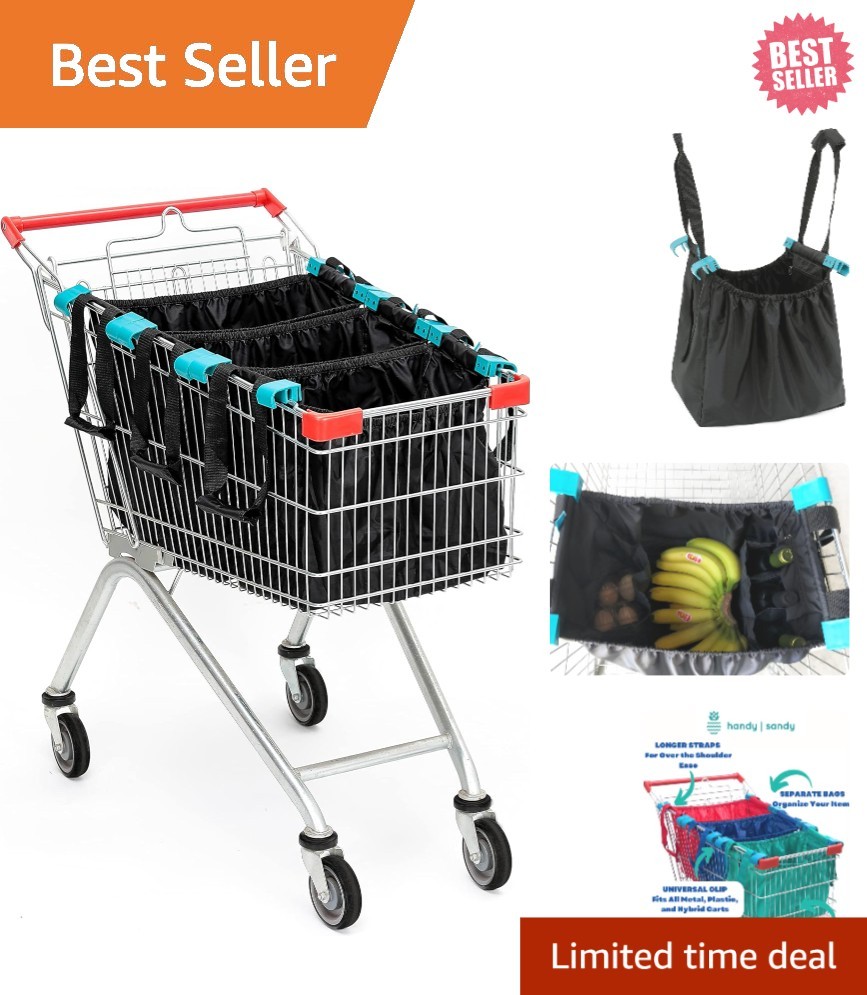 Eco-Friendly Reusable Shopping Bags with Cart Clips – 3 Pack in Elegant Black