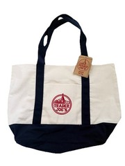 Trader Joe’s Foldable Reusable Shopping Bag White Navy Blue Cotton Polyester