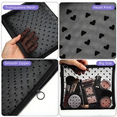 Mekupeu 3 Pcs Heart Print Zipper Mesh Bags, Lipstick Cosmetic Large, Black