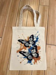 Beige Canvas Tote Bag Butterfly Print 13 x 11.8 in Reusable Shopping Bag