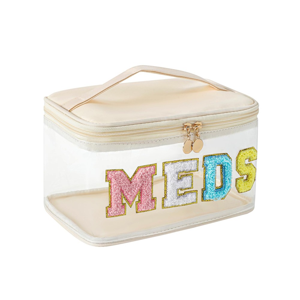 Chenille Letter Clear Medicine Makeup Bag, Large Size Waterproof 03Beige