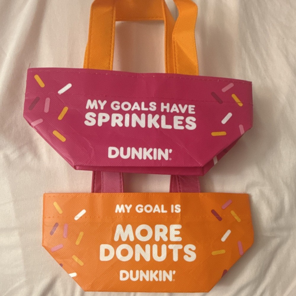 Dunkin’ Foldable Plastic Tote Bags Pink Orange All-Over Pattern 2-Pack