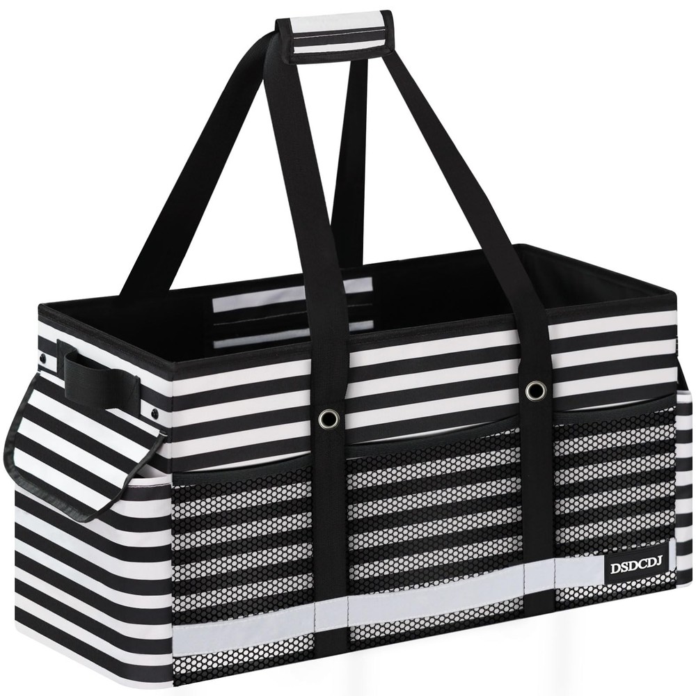 Extra Large Utility Tote Bag Reflective Strip Hard Bottom Striped Black Car