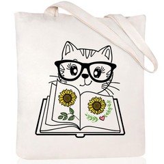 Canvas Tote Bag for Women Aesthetic Cute Cat Book Flower Graphic Tote Bag wit…