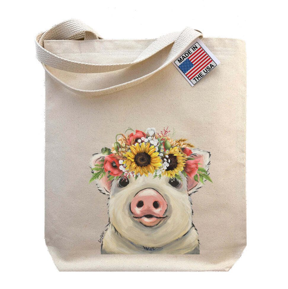Colorful Sunflower Pig Tote Bag, ‘Paisley’ Fall Sunflower Pig Gifts